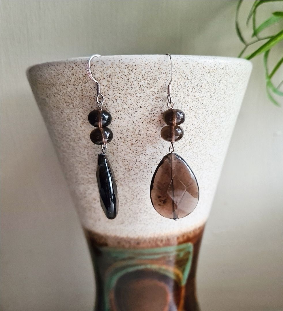 Large smoky quartz gemstone and silver earrings