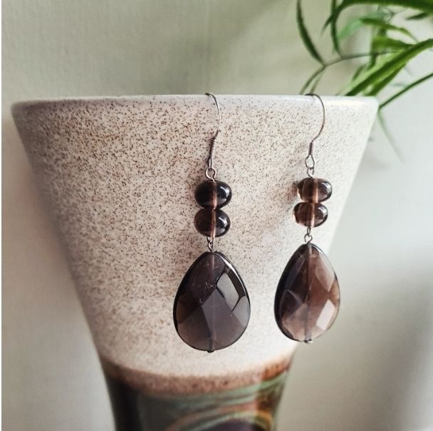 Large smoky quartz gemstone and silver earrings