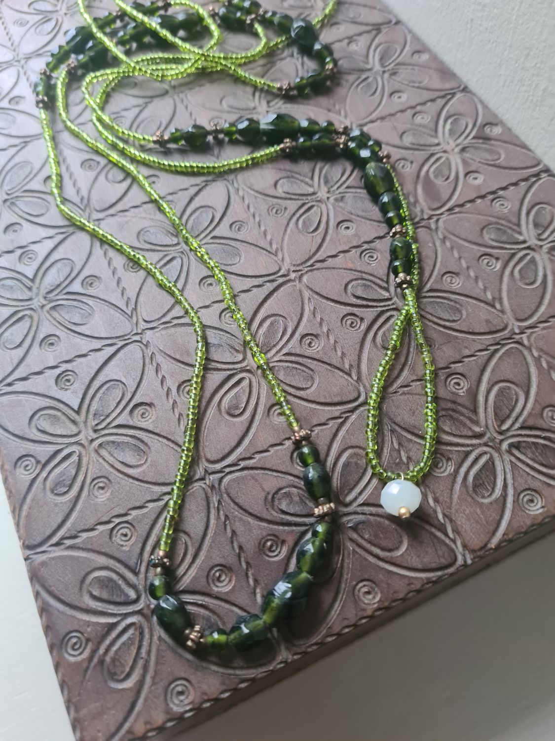 Pretty green glass bead long necklace