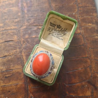 Incredible Antique Coral &amp; Enamel filligree adjustable silver ring