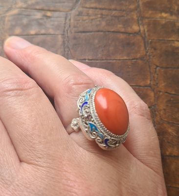 Incredible Antique Coral &amp; Enamel filligree adjustable silver ring