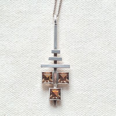 Vintage Norwegian Modernist Silver &amp; Smoky Quartz Pendant - H.C. Østrem (OXO)