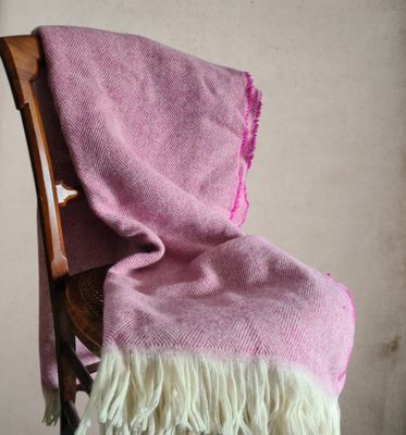 Vintage Recycled Wool Herringbone Blanket with Fringe - Pink