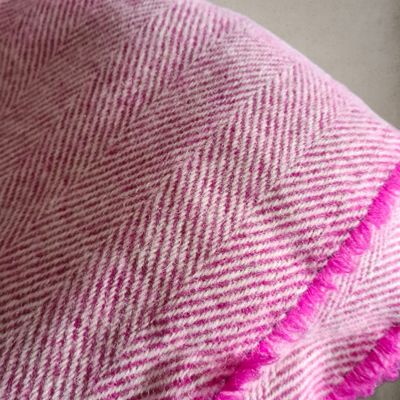 Vintage Recycled Wool Herringbone Blanket with Fringe - Pink