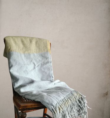 Vintage Recycled Wool Blanket with Fringe - Blue/Grey &amp; Yellow