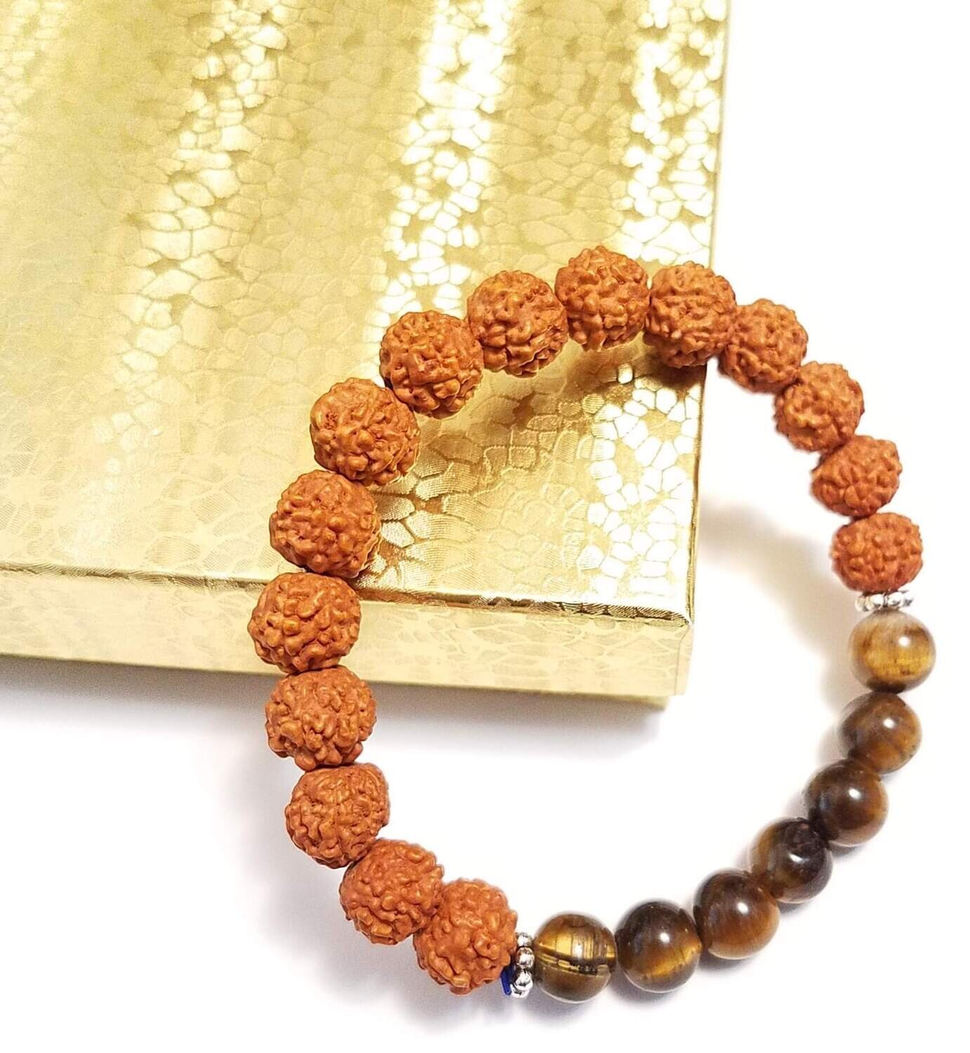 Handmade Rudraksha beads wrist mala with tiger eyes stretchable