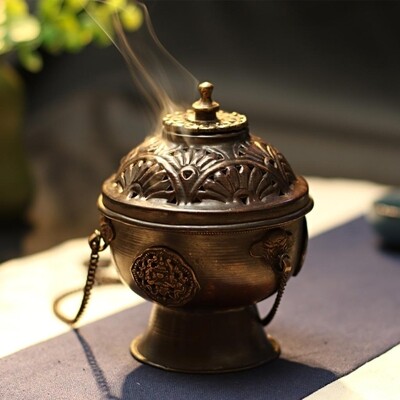 Tibetan Hanging chain Incense burner pot copper brass