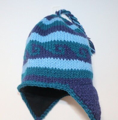 Himalayan Yak Wool beanie ear flap woolen hat & gloves set - Blue