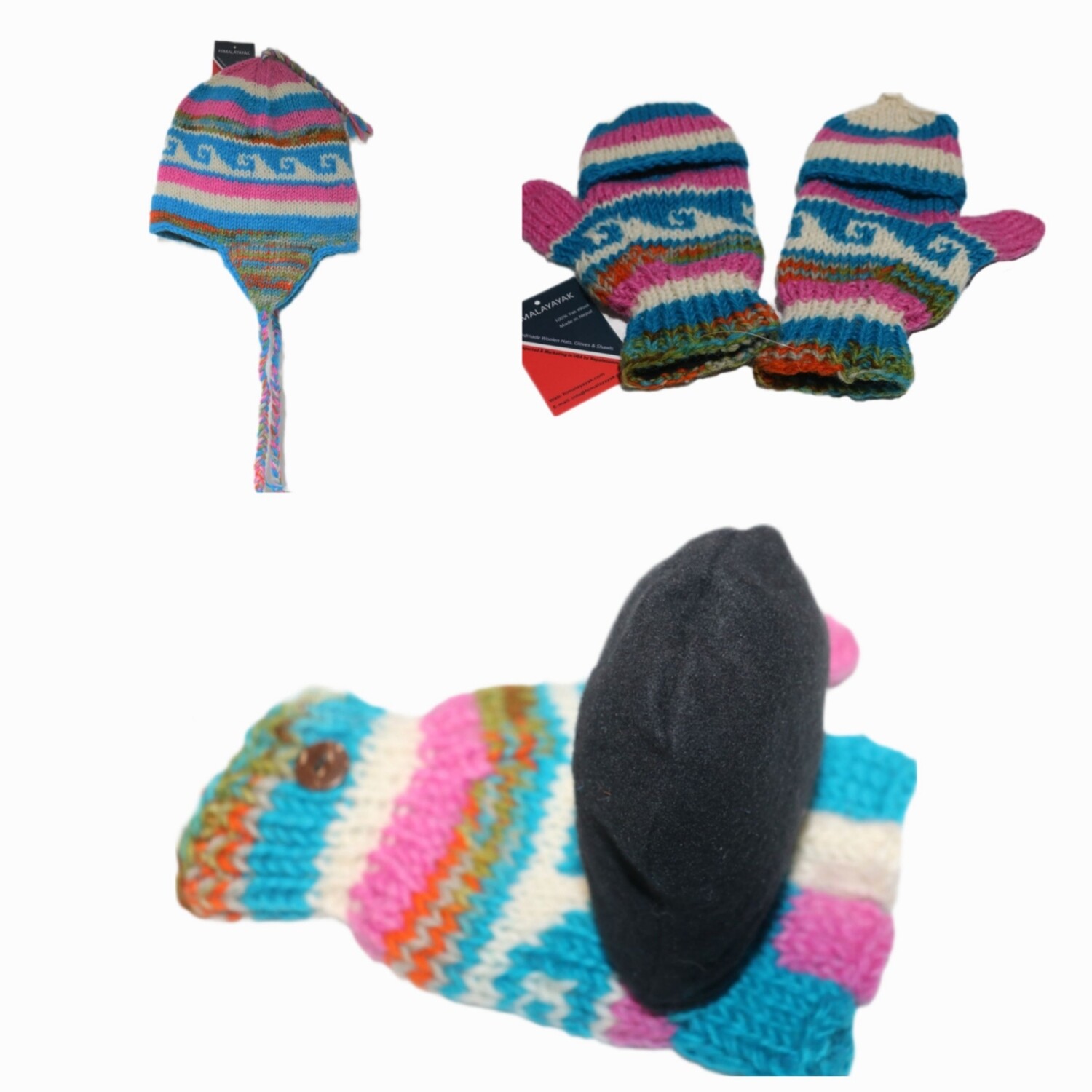 Himalayan Yak Wool Winter beanie ear flap hat and gloves set