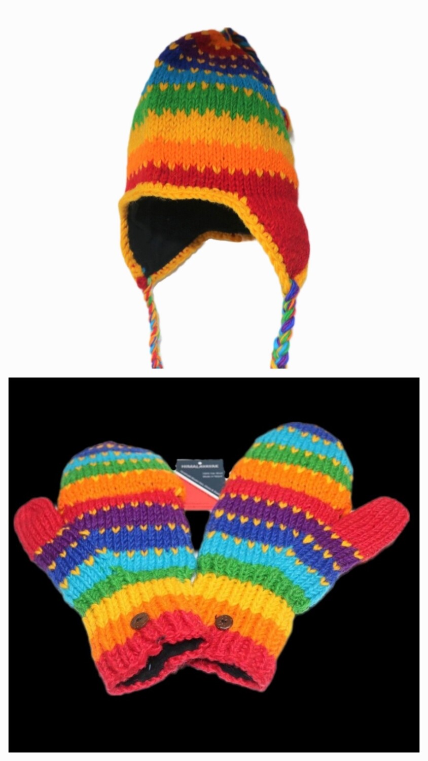 Himalayan Yak woolen hat & gloves set fleece lined - Multi Stripe