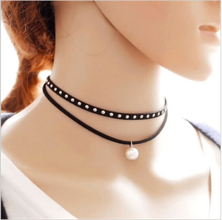 White Faux Pearl Charm Choker with Silver embedded Velvet