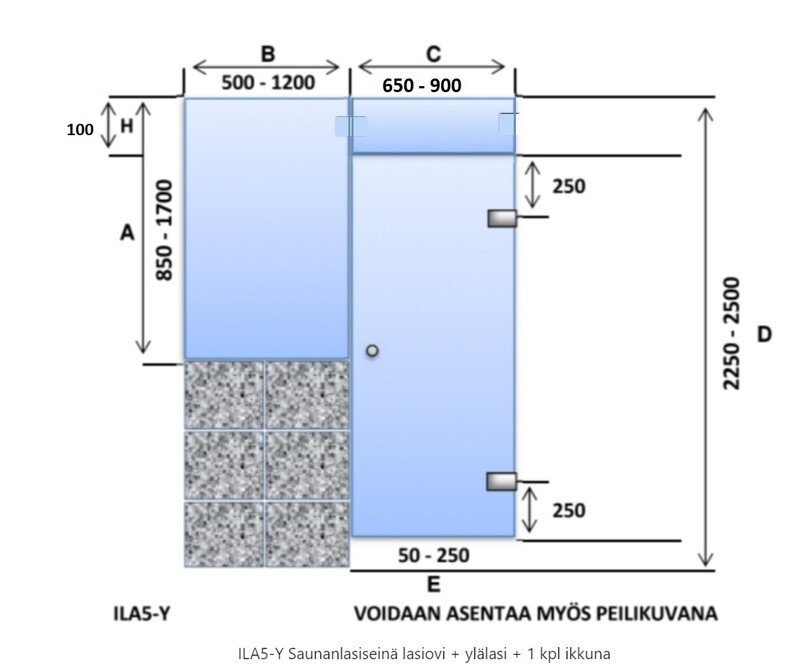 ILA5-Y-OIKEA Saunan lasiseinä: lasiovi + ylälasi + ikkuna