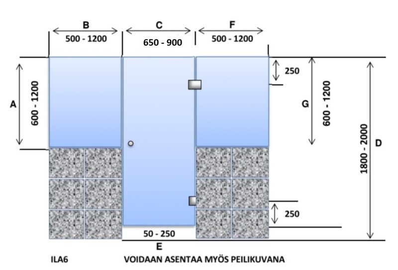 ILA6 Saunan lasiseinä: lasiovi + 2 ikkunaa