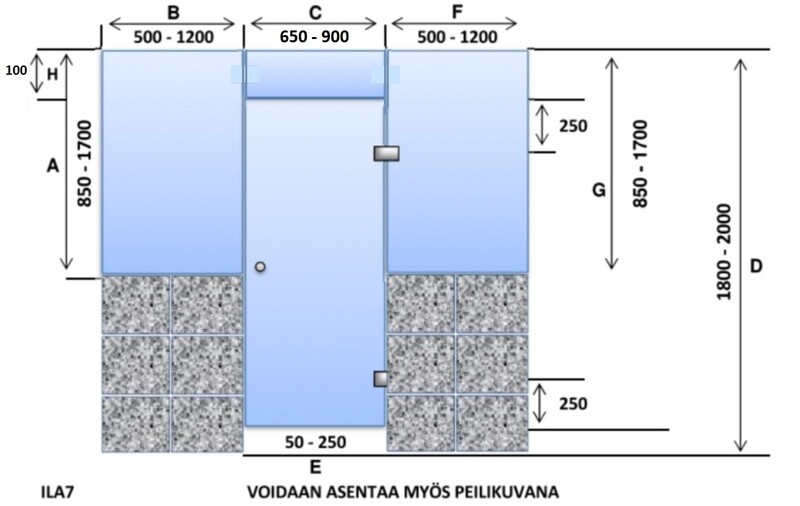 ILA7 Saunanlasiseinä lasiovi + ylälasi + 2 kpl ikkuna