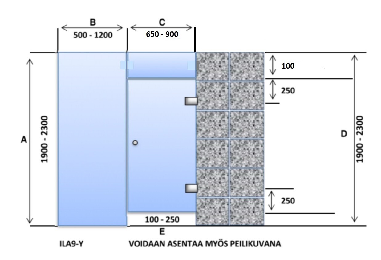 ILA9-Y Saunan lasiseinä: lasiovi + ylälasi + lasiseinä