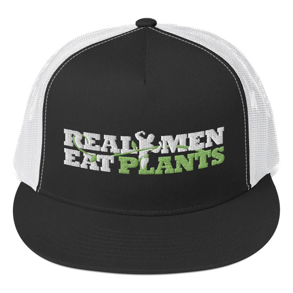 Real Men Eat Plants Trucker Hat - Black and White