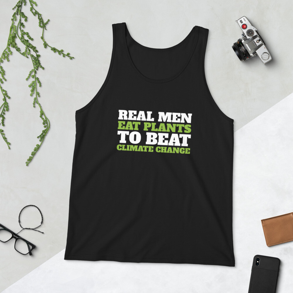 Real Men Eat Plants to Beat Climate Change Unisex Tank Top with Inside Logo