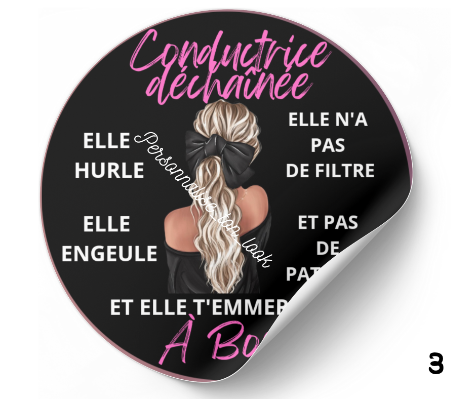 Stickers voiture conductrice déchaînée autocollant humour voiture