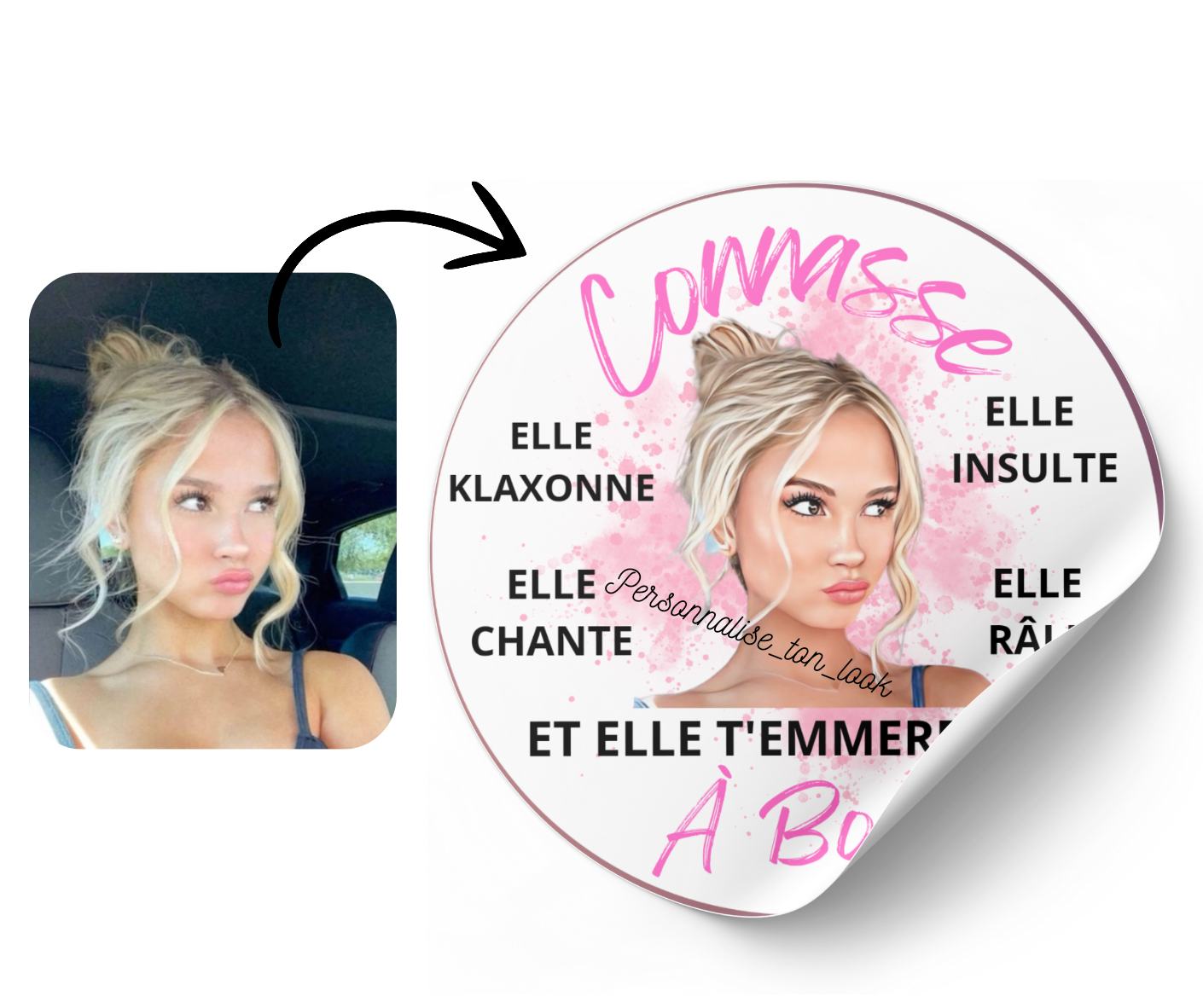 Stickers voiture connasse à bord portrait personnalisé