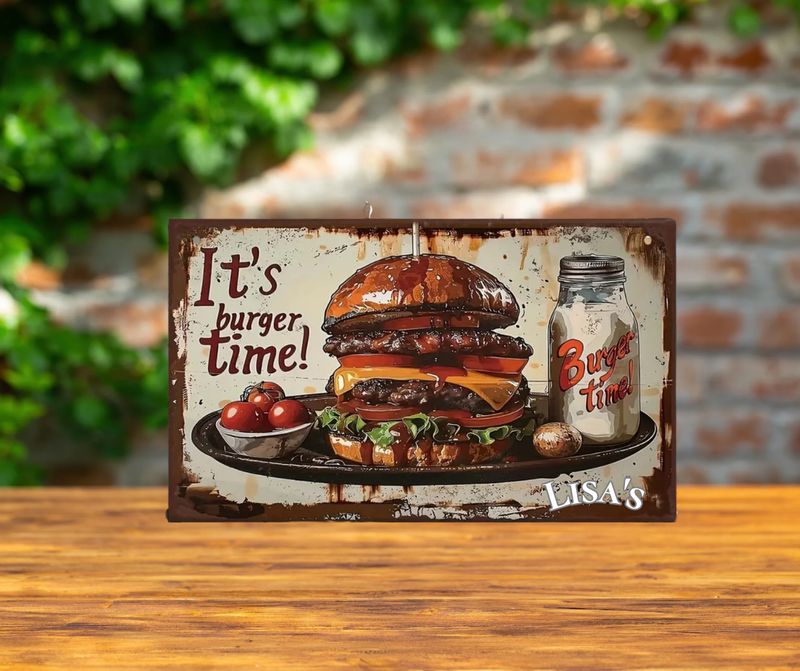 Plaque metal vintage personnalisé cuisine hamburger 