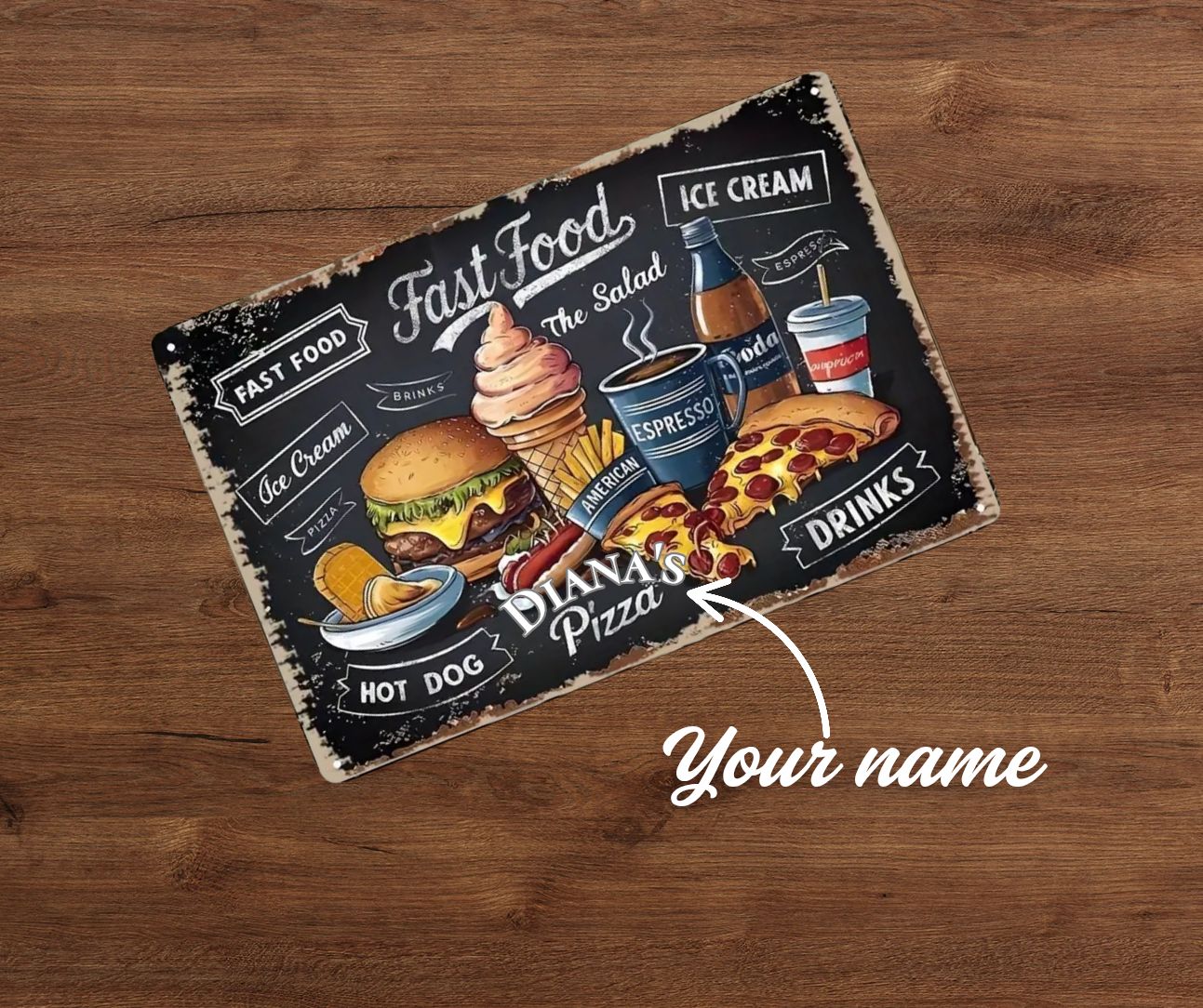 Plaque metal vintage personnalisé cuisine hamburger 