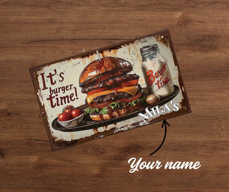 Plaque metal vintage personnalisé cuisine hamburger 