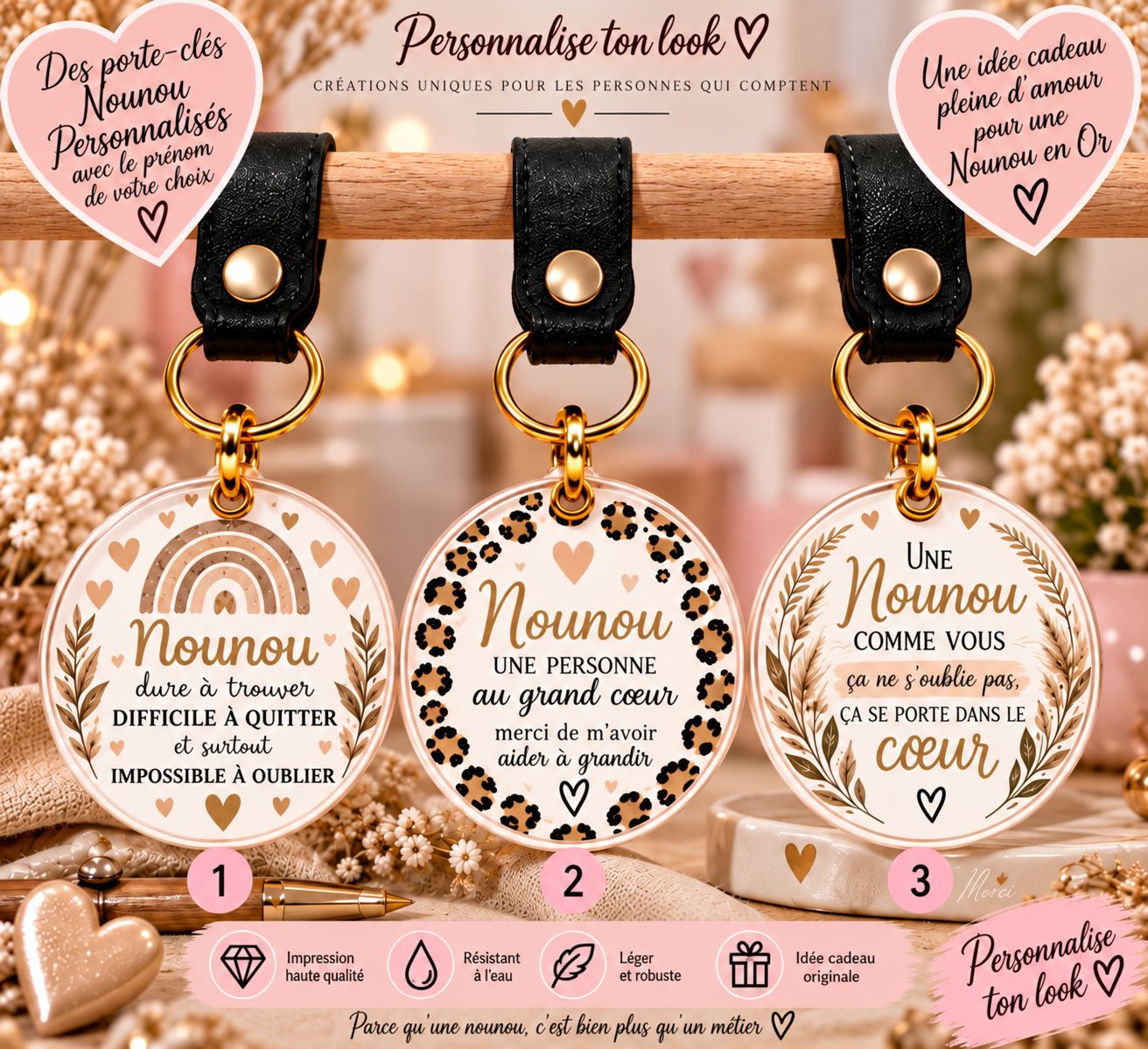 Porte-clé Nounou personnalisé avec prénom – Cadeau Assistante Maternelle