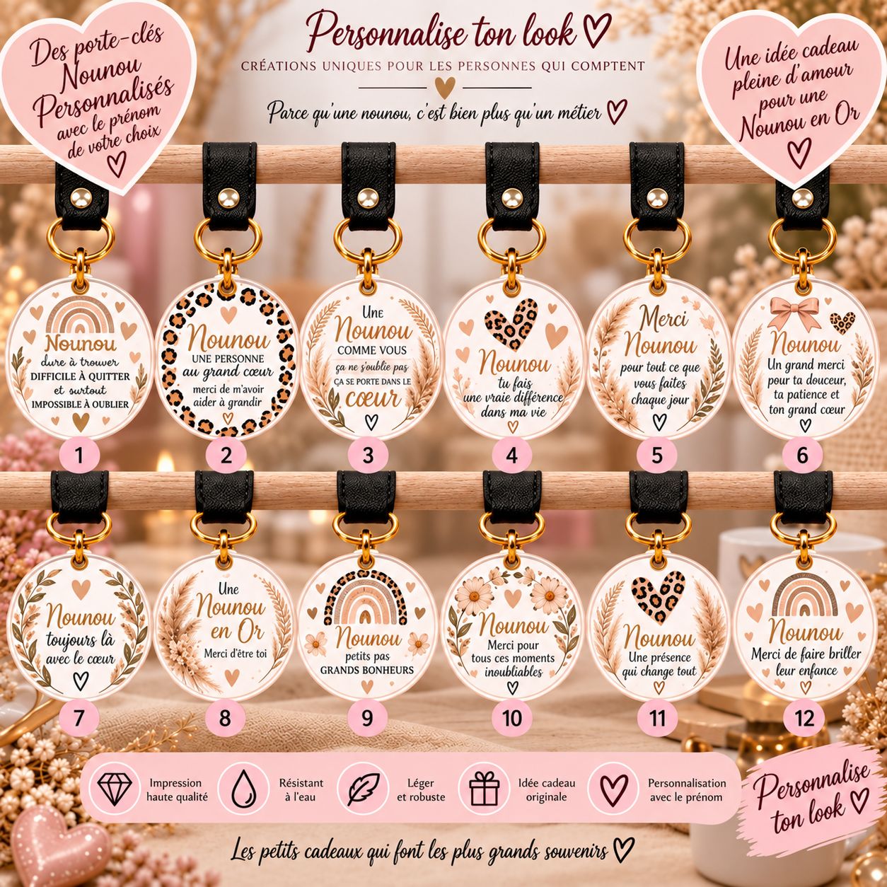 Porte-clé Nounou personnalisé avec prénom – Cadeau Assistante Maternelle