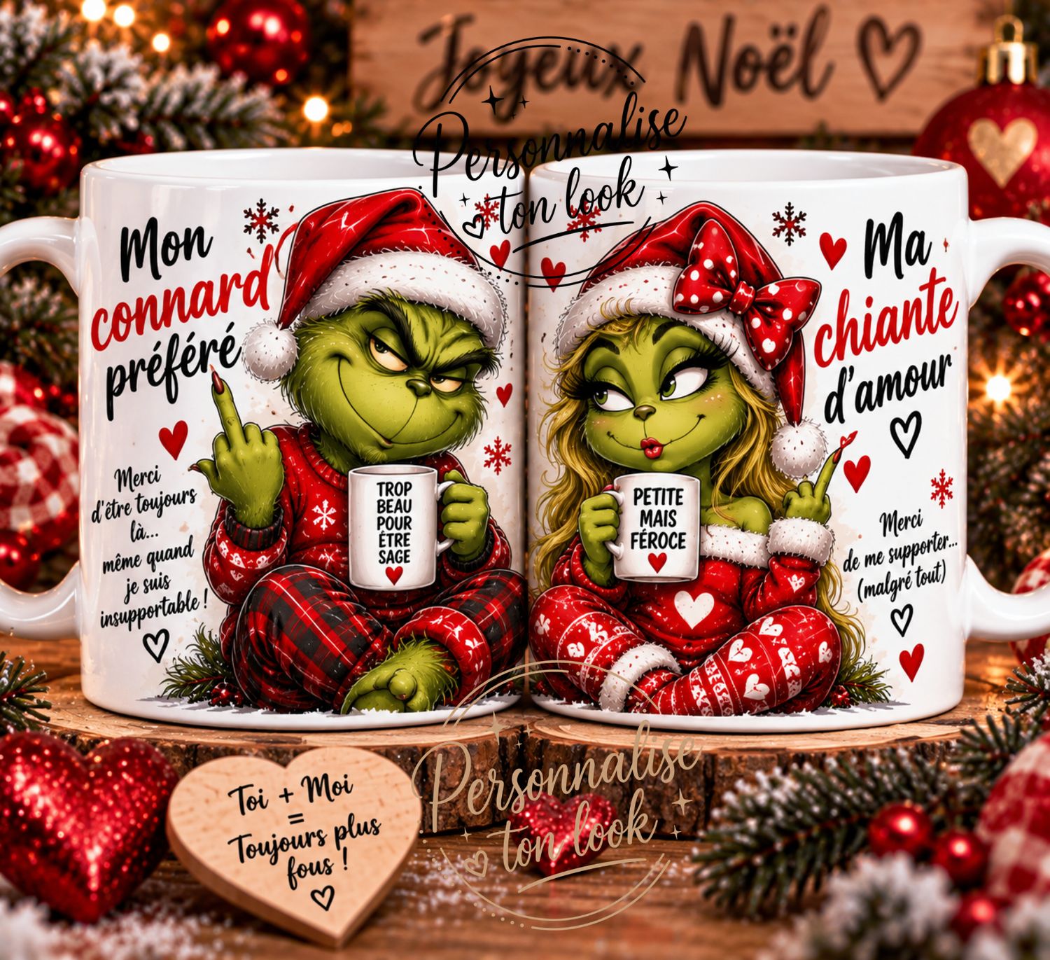Mug grinchd tasse Couple Noël Personnalisé – Tasse Humour Mon Connard Préféré &amp; Ma Chiante d’Amour – Cadeau Couple