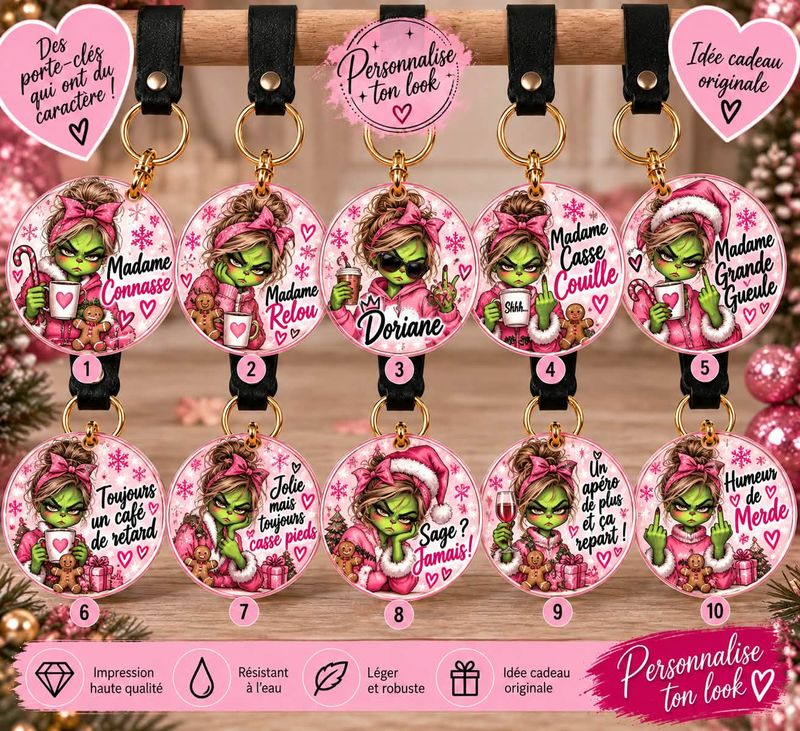 Porte-clé Femme Grinch Humour Personnalisé – Madame Connasse, Relou, Grande Gueule – Cadeau Original
