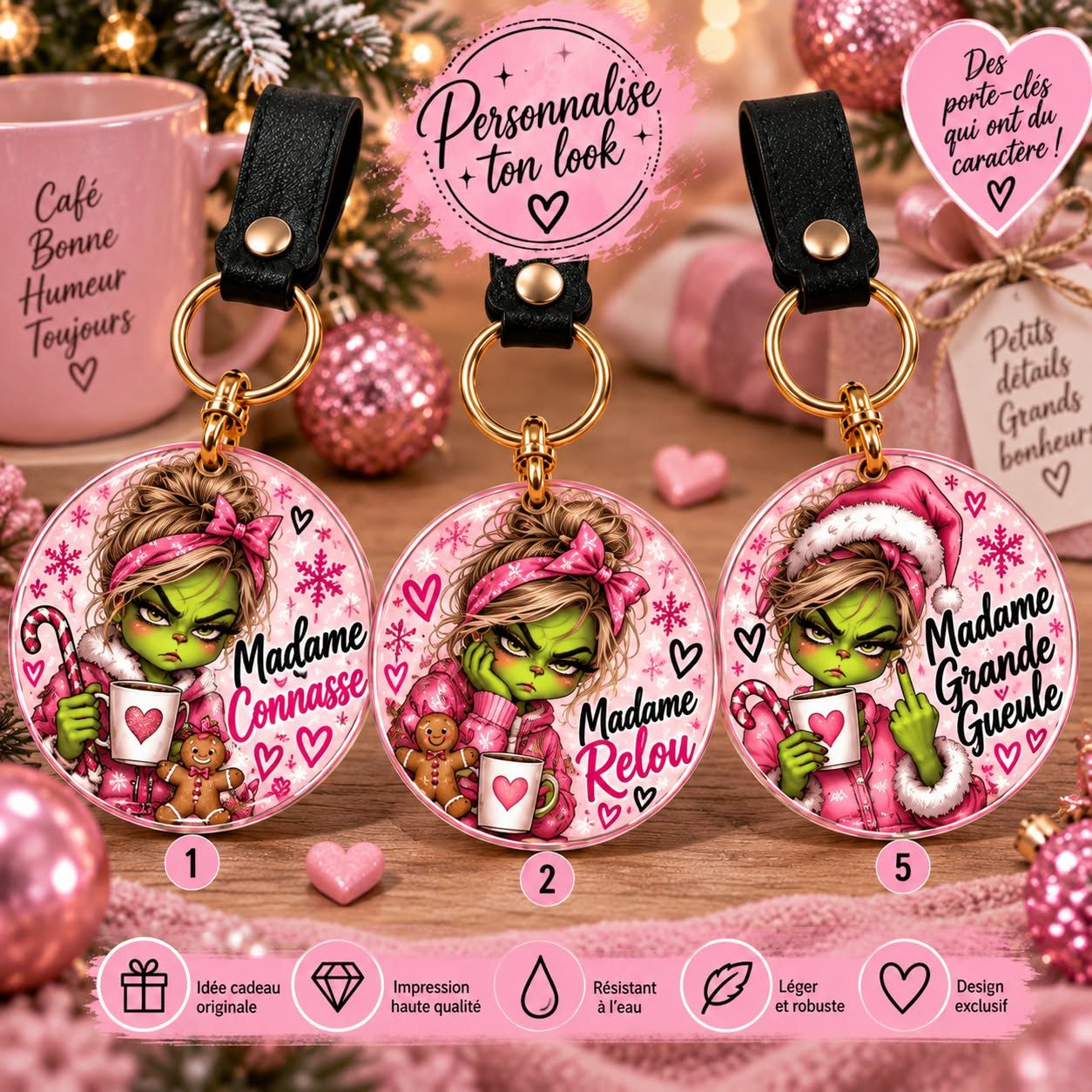 Porte-clé Femme Grinch Humour Personnalisé – Madame Connasse, Relou, Grande Gueule – Cadeau Original