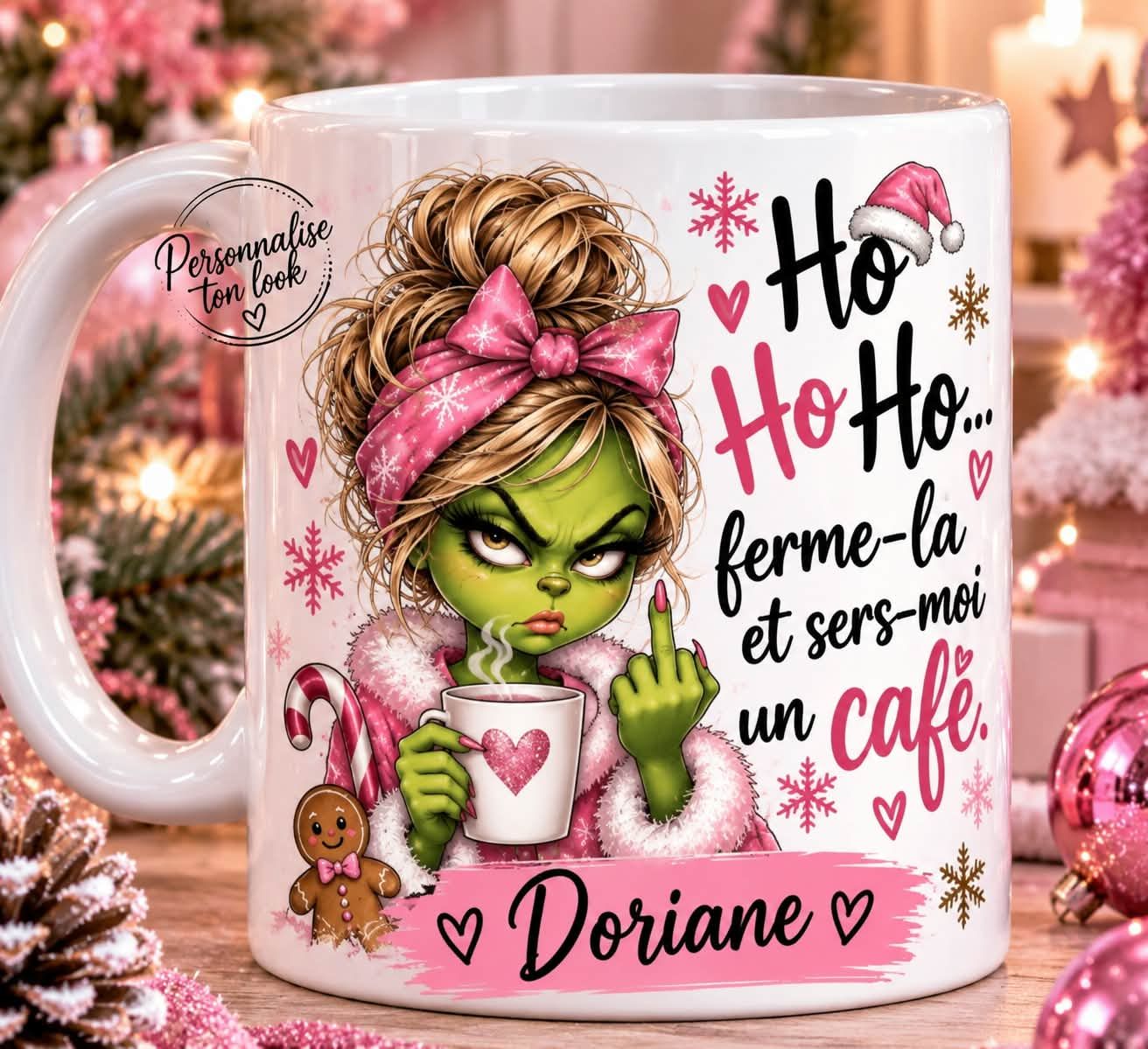 Mug Noël Grinch Personnalisé avec Prénom – Tasse Humour Femme Cadeau Original