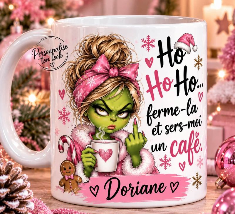 Mug Noël Grinch Personnalisé avec Prénom – Tasse Humour Femme Cadeau Original
