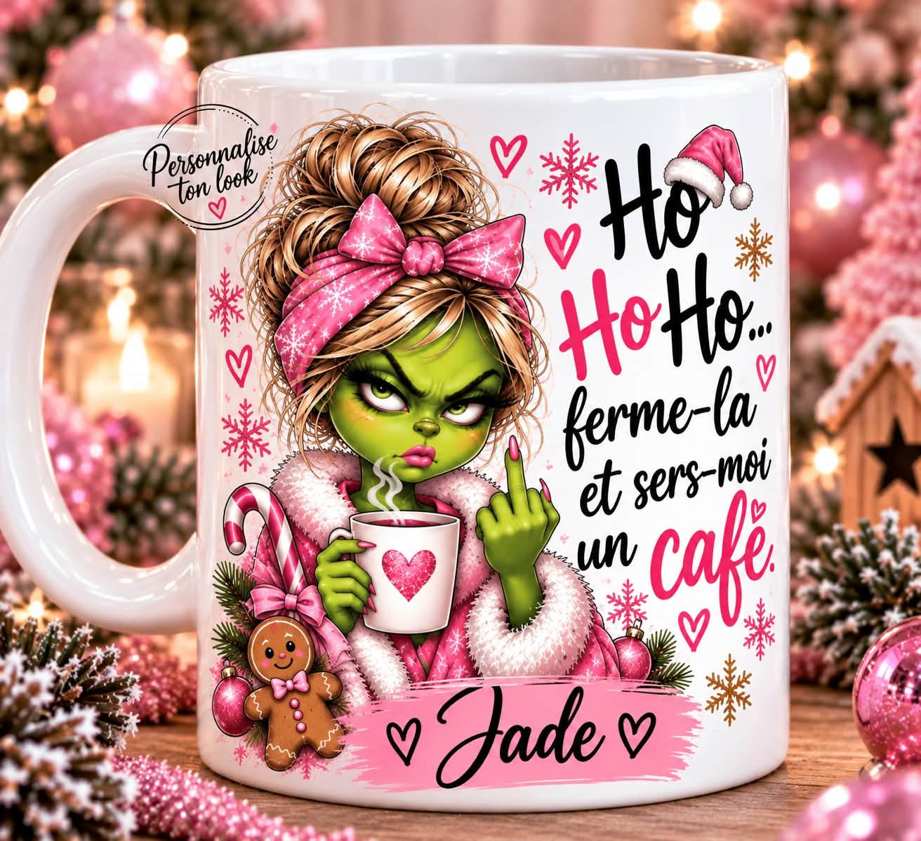 Mug Noël Grinch Personnalisé avec Prénom – Tasse Humour Femme Cadeau Original