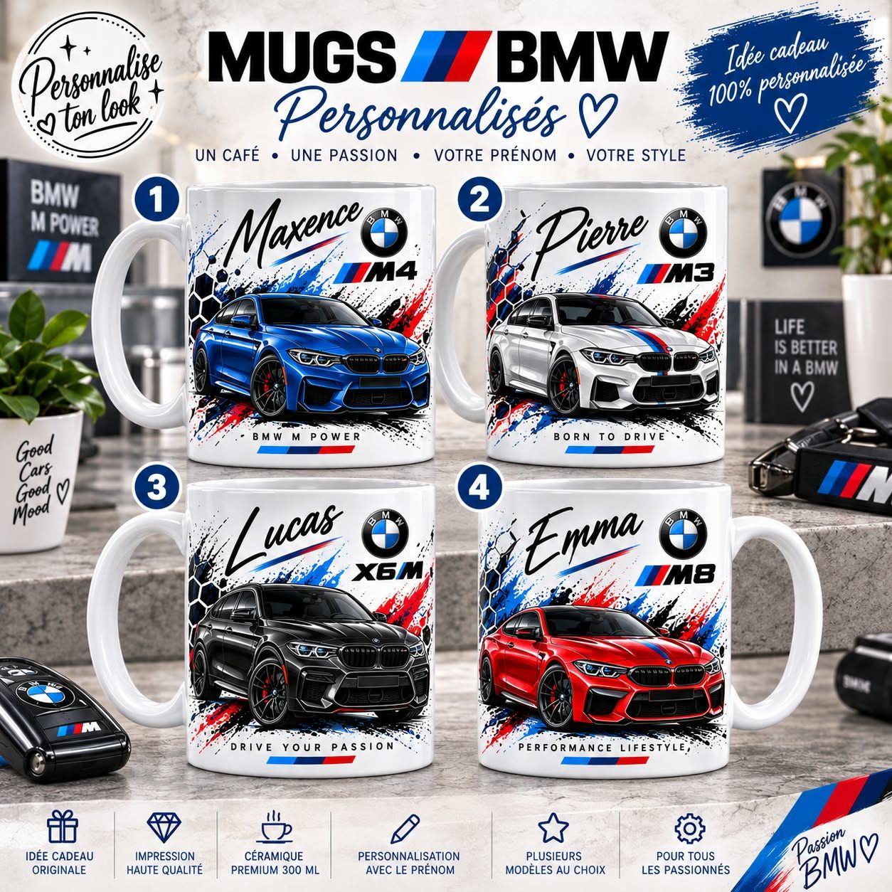 Mug Voiture BMW Personnalisé avec Prénom – Cadeau Passionné Automobile bmw