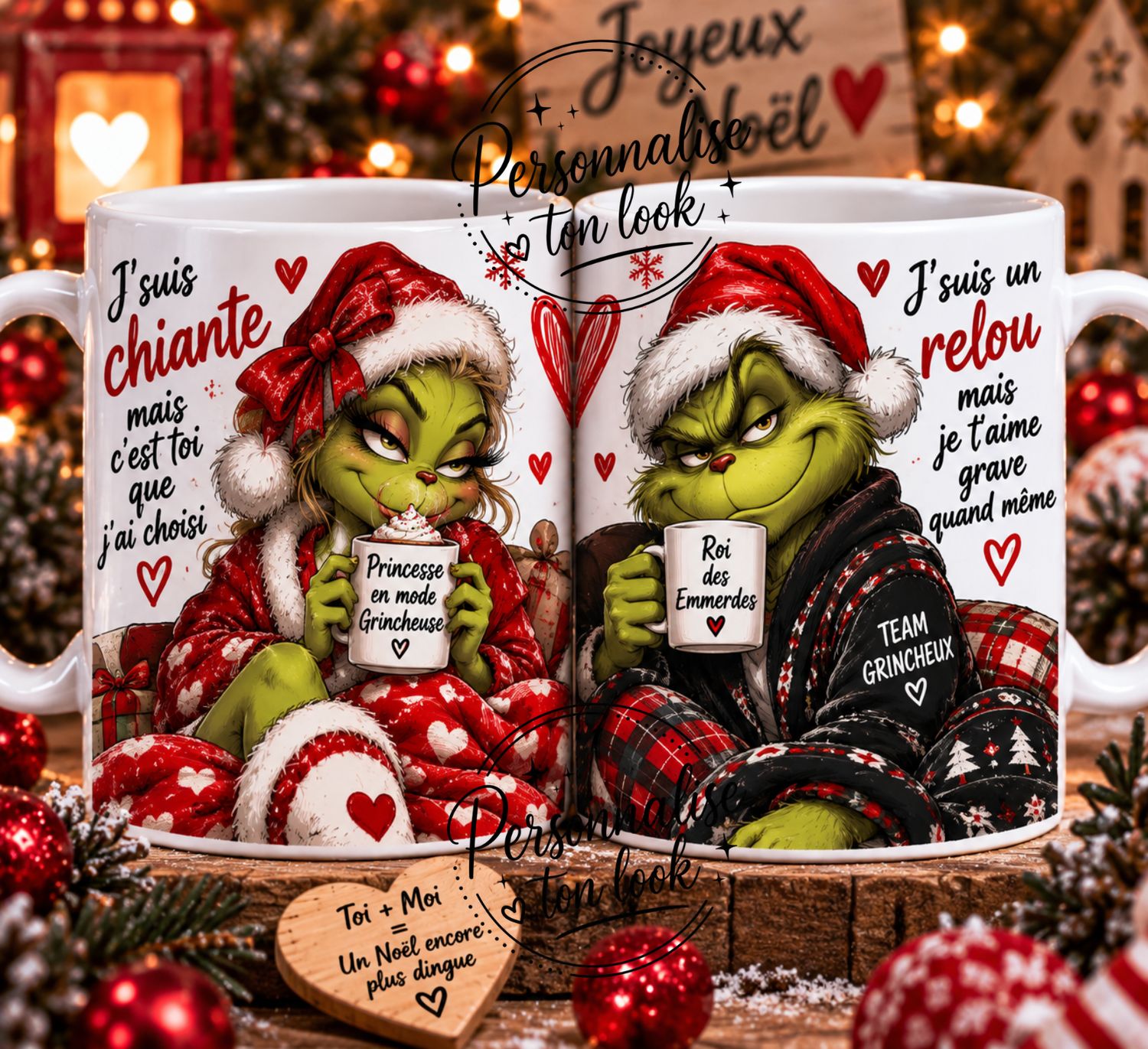 Duo Mugs grinch Couple Noël Humour – Tasses Chiante &amp; Relou – Cadeau Couple