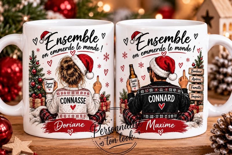 Cadeau noël couple Mug Couple Noël Personnalisé avec Prénoms – Ensemble on emmerde le monde – Tasse Humour Couple