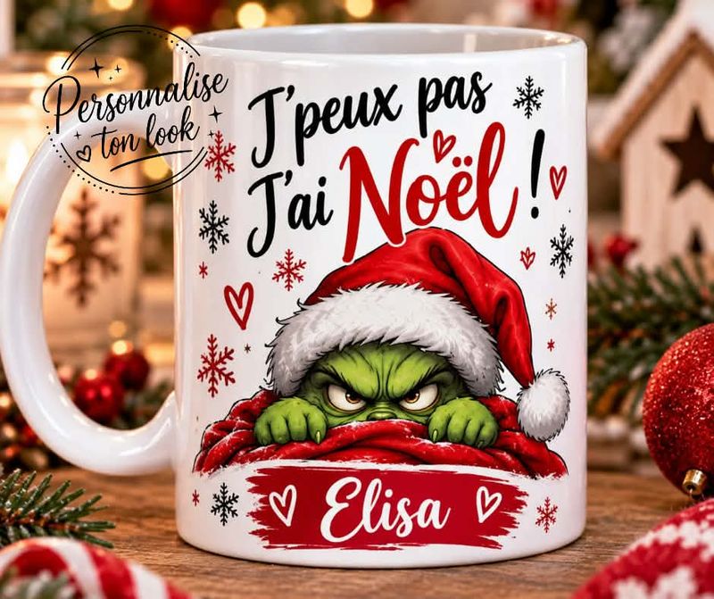 Mug Noël Grinch Personnalisé avec Prénom – Tasse Humour “J’peux pas j’ai Noël”