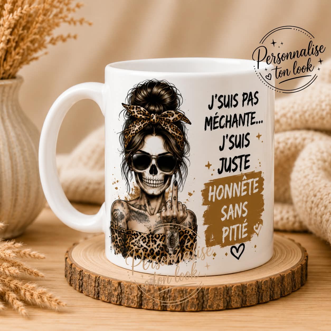 Mug Humour Femme “J’suis pas méchante, juste honnête” – Tasse Léopard