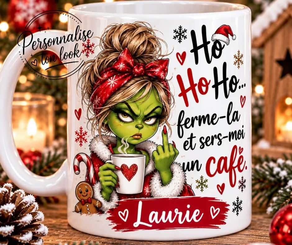 Mug Noël Grinch Humour Personnalisé – “Ferme-la et sers-moi un café”