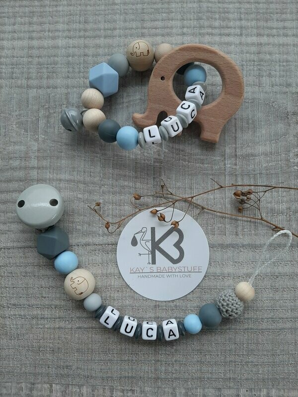 Schnullerkette mit Greifring Im Set mit Häkelperle und Glöckchen Elefant mit Name