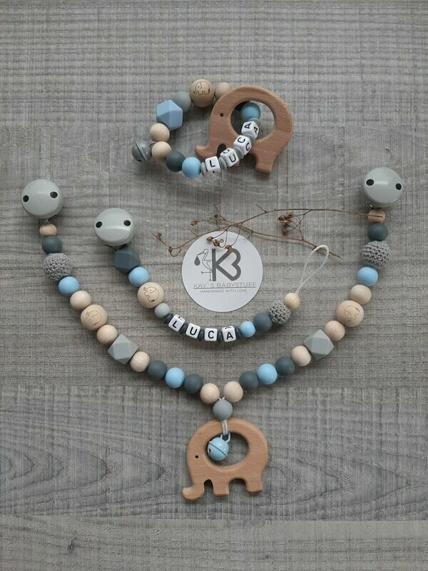 Set Elefant mit  Kinderwagenkette, Greifring und Schnullerkette Holz/Silikon mit Name