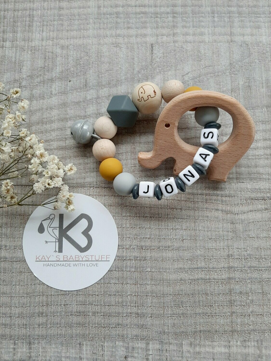 Greifring mit Name aus Holz /Silikon "Elefant"