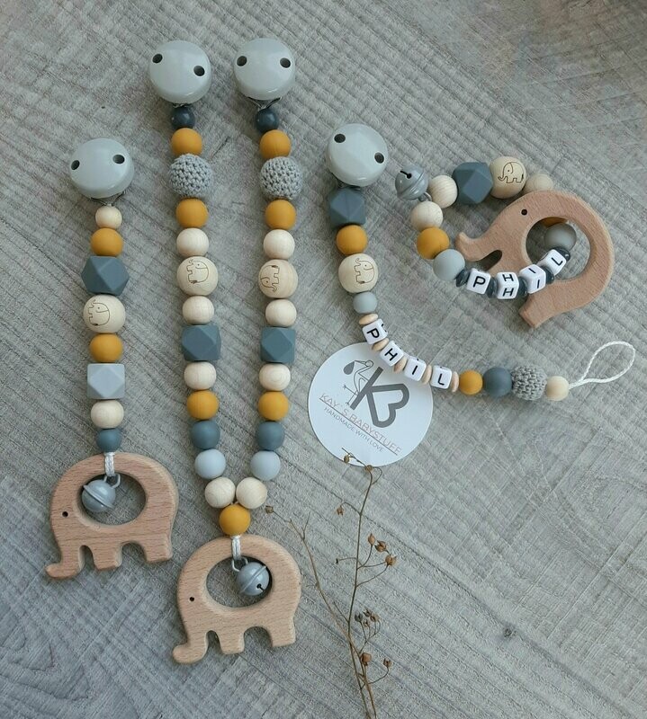 XXL Set Kinderwagenkette/Greifring/Schnullerkette/Greifring/Babyschalenanhänger Holz/Silikon "Elefant"