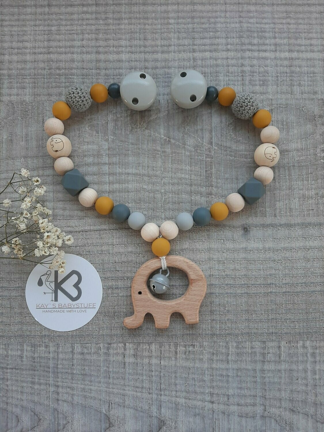 Kinderwagenkette aus Holz /Silikon "Elefant"