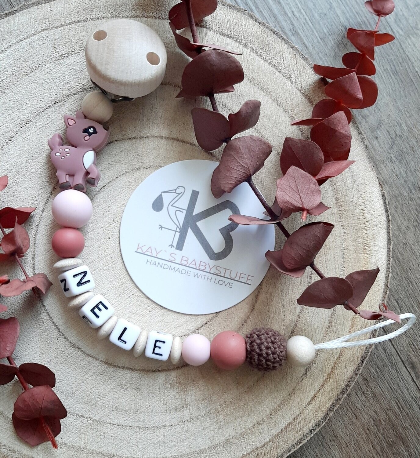 Schnullerkette Reh "Marone"