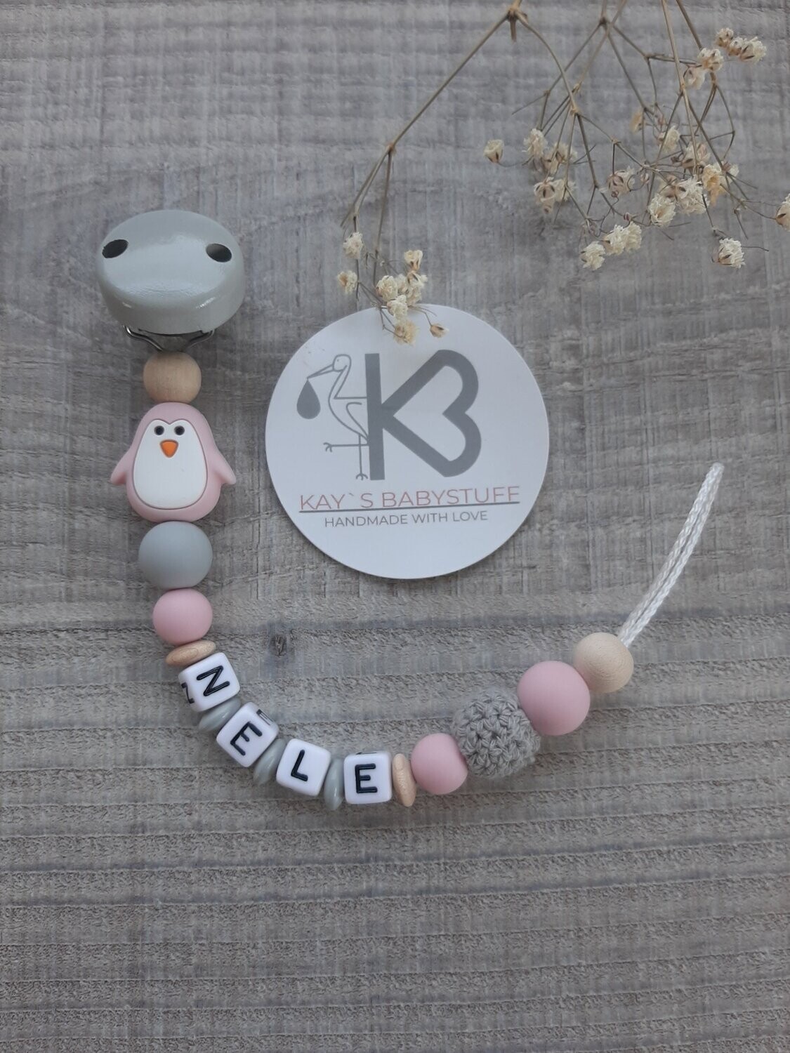 Schnullerkette Pinguin grau/rosa