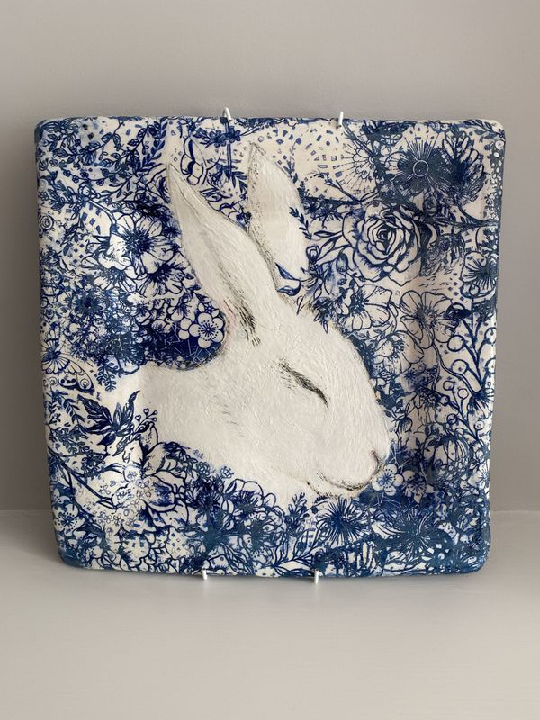 White rabbit blue botanical square wall plate.