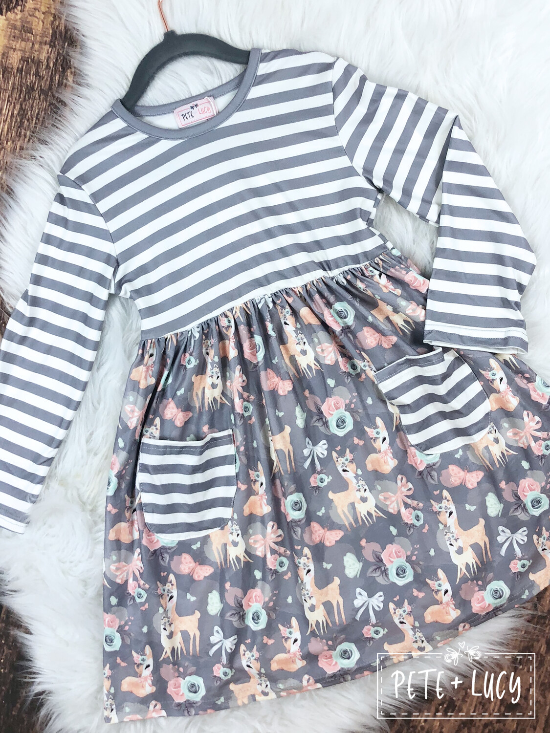 Grey and White Stripe & Roses Doe  Dress by Pete + Lucy