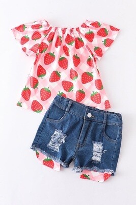 Strawberry denim shorts set